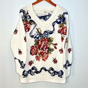Express vintage coquette White V-Neck Sweater with Floral Pattern